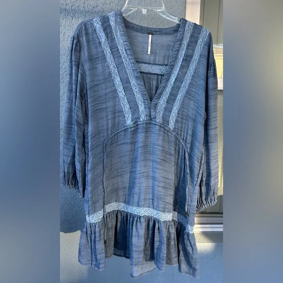 Free People Drawstring Waist Deep V-neck Long Boho Cottagecore XS Swing Dress - Picture 3 of 7